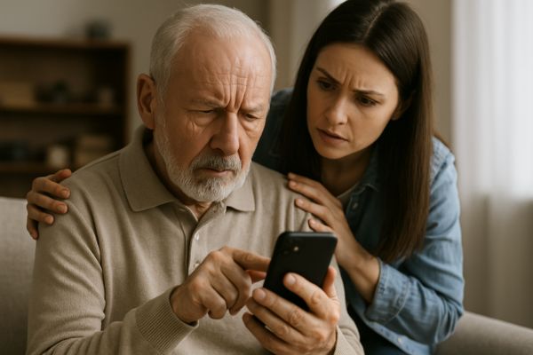 Homem idoso aprendendo a usar o celular com ajuda de familiar ao lado
