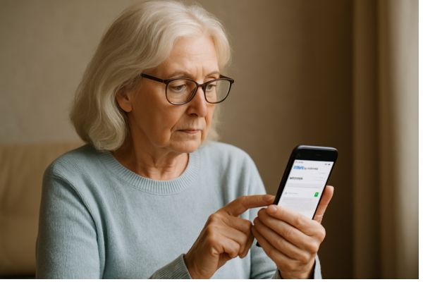 Mulher idosa ajustando tamanho das letras e brilho do celular para facilitar a leitura