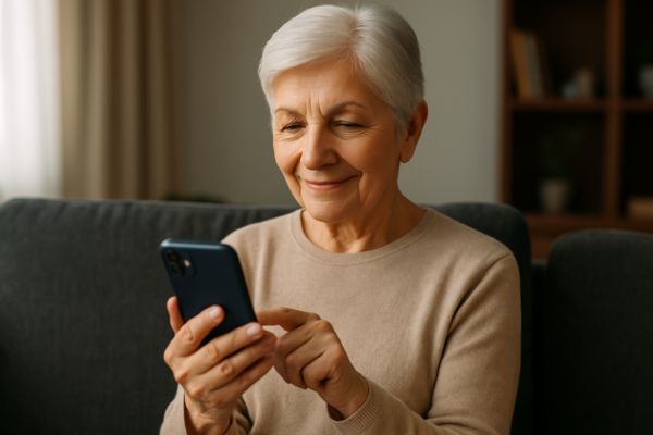 Pessoa idosa usando o celular com calma em casa, com expressão de confiança e luz suave